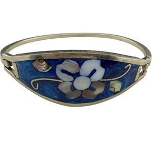 Vintage Alpaca Mexico Blue Enamel Flower Inlay Abalone & Mother Of Pearl Cuff Br